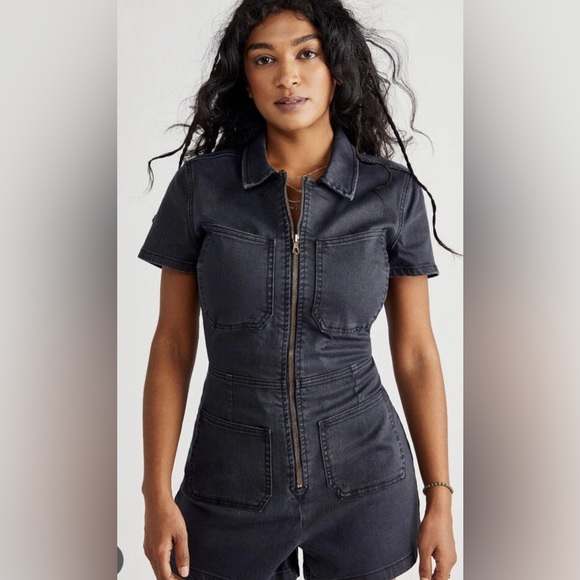 Free People Crvy Lennox Shortsuit Women's Romper Black Denim Zip Up Size 6 - Picture 1 of 12